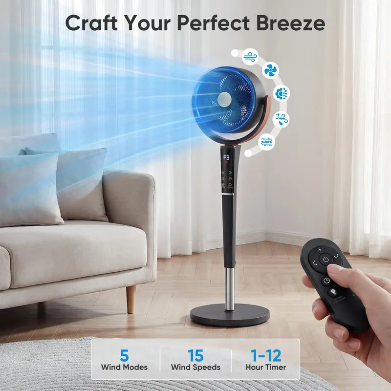 Quiet DC Pedestal Fan, 20dB 15 Speeds, 120° Oscillating Standing Fan with Remote, 12H Timer & Adjustable Height